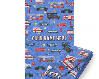 Personalized Microfiber Beach Towel for Kids,Emergency Vehicles,Add a Custom Name for Boys,Soft Cotton,Pool or Travel,Police,Firetruck,Cars