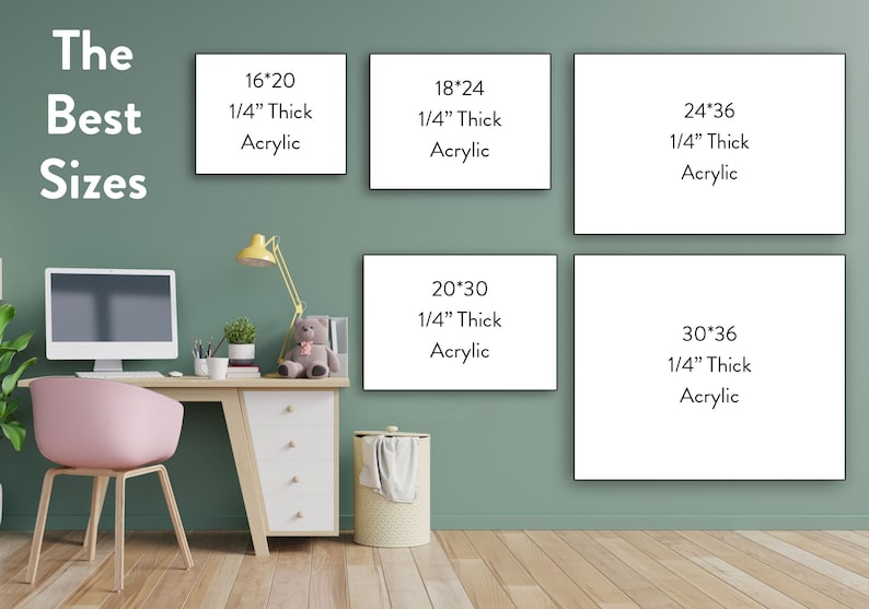 May include: A wall with five different sizes of acrylic panels, each with the dimensions and thickness printed on them. The panels are 16x20, 18x24, 24x36, 20x30, and 30x36 inches, all 1/4 inch thick.