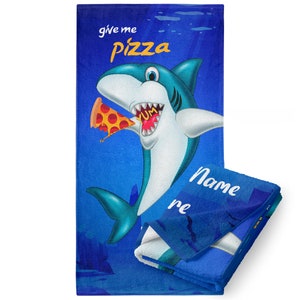 Personalized Kid’s Pizza Shark Beach Towel for Boys or Girls with Custom Name,Ocean Theme,Ultra Soft Cotton & Absorbent Microfiber,QuickDry