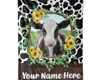Personalized Cute Cow Print Blanket for Adults | Custom Name Throw with Flowers and Cute Black and White Holstein Pattern | Soft and Plush