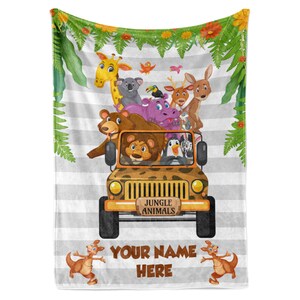 Personalized Jungle Animal Baby Blanket for Newborns and Toddlers | Throw with Giraffe, Koala, Kangaroos, and Lion | Nursery Room Bedding