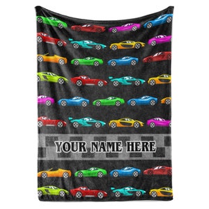 Personalized Throw Blanket for Boys with Custom Name | Ultra Soft and Warm Bedding | Room Bed Cover | Fast Race Cars | Fun Sports Car Theme