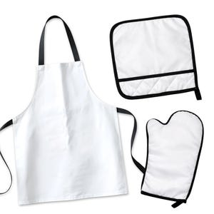 May include: A white apron, oven mitt, and pot holder set. The apron has black straps, and the oven mitt and pot holder have black trim. The pot holder has a quilted design. This kitchen set is perfect for cooking and baking.