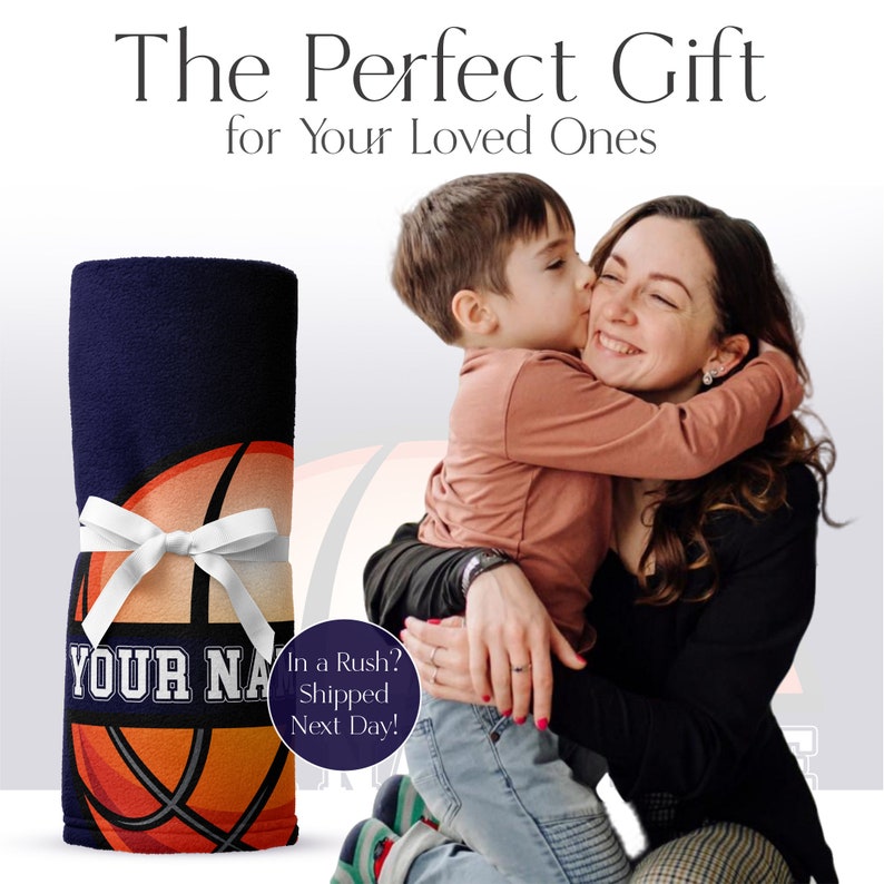 May include: A rolled-up navy blue blanket tied with a white ribbon. The blanket features a basketball design with the text "YOUR NAME". The image also includes the text "The Perfect Gift for Your Loved Ones".