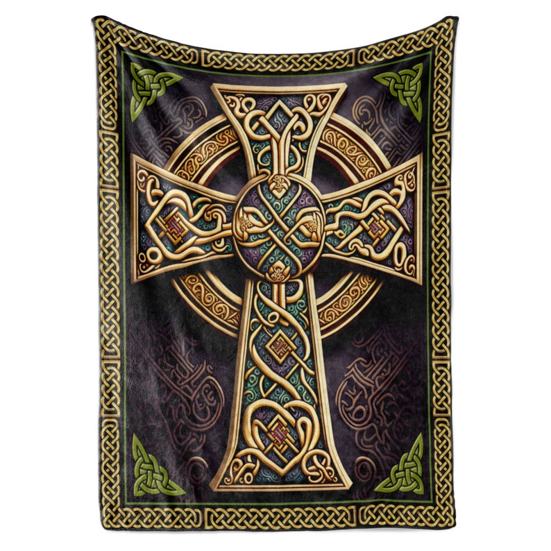 May include: A gold Celtic cross with intricate knotwork designs on a dark purple background. The cross is surrounded by a green and gold border with Celtic knotwork.
