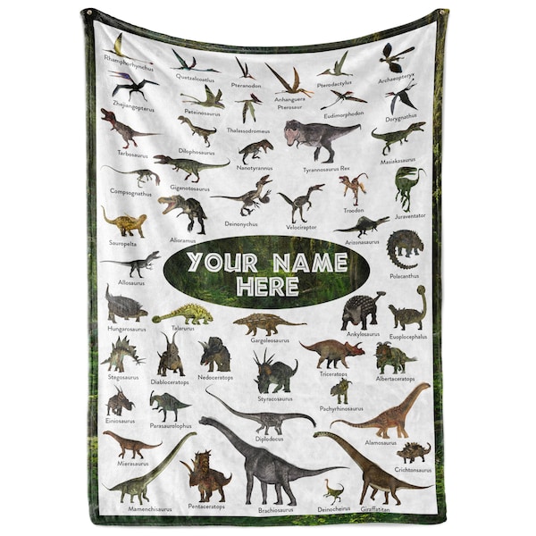 Ships Next Day, Made in USA - Personalized Dinosaur Blanket for Kids - Dino Throw Blanket for Boys and girls, Bedroom - Educational Blankets
