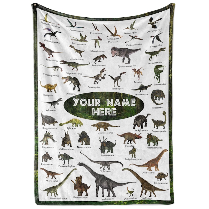 May include: A green and white blanket with a dinosaur chart featuring the names of different dinosaurs. The chart includes a space to personalize with a name.