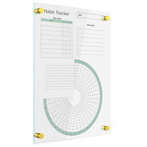 May include: A clear glass dry erase board with a green header that says "Habit Tracker". The board has a grid for tracking weekly habits, a section for monthly habits, and a large circle for tracking daily habits.