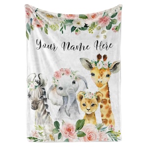 Personalized Jungle Baby Animals Throw Blanket for Babies, Newborns, and Toddlers | Floral Print and Custom Name | Plush, Soft, and Warm