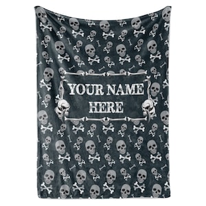 Personalized Skeleton Blanket for Kids, Teens, or Adult | Large Plush Black Throw | White Skulls and Bones | Classic Goth or Halloween Theme