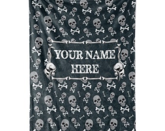 Personalized Skeleton Blanket for Kids, Teens, or Adult | Large Plush Black Throw | White Skulls and Bones | Classic Goth or Halloween Theme
