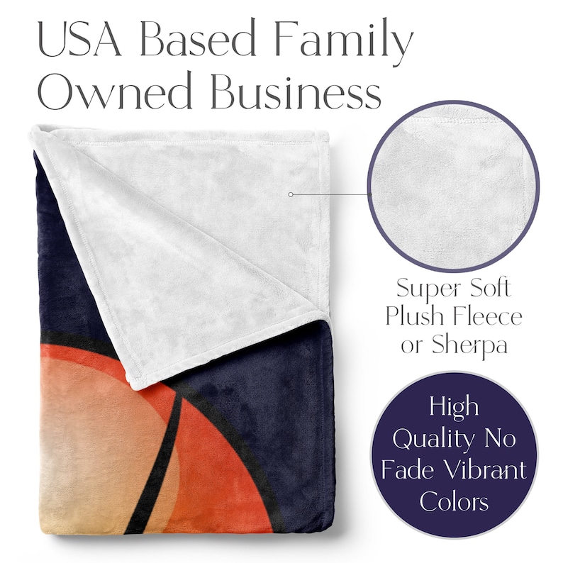 May include: A folded plush fleece blanket with a geometric design in orange, navy blue, and beige. The blanket is labeled "Super Soft Plush Fleece or Sherpa" and "High Quality No Fade Vibrant Colors". The text "USA Based Family Owned Business" is also visible.