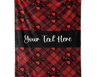 Ships Next Day, Personalized Valentine's Day Tartan Hearts Throw Blanket - Made in USA - Customized Gift - Cozy and Soft for Couch or Bed