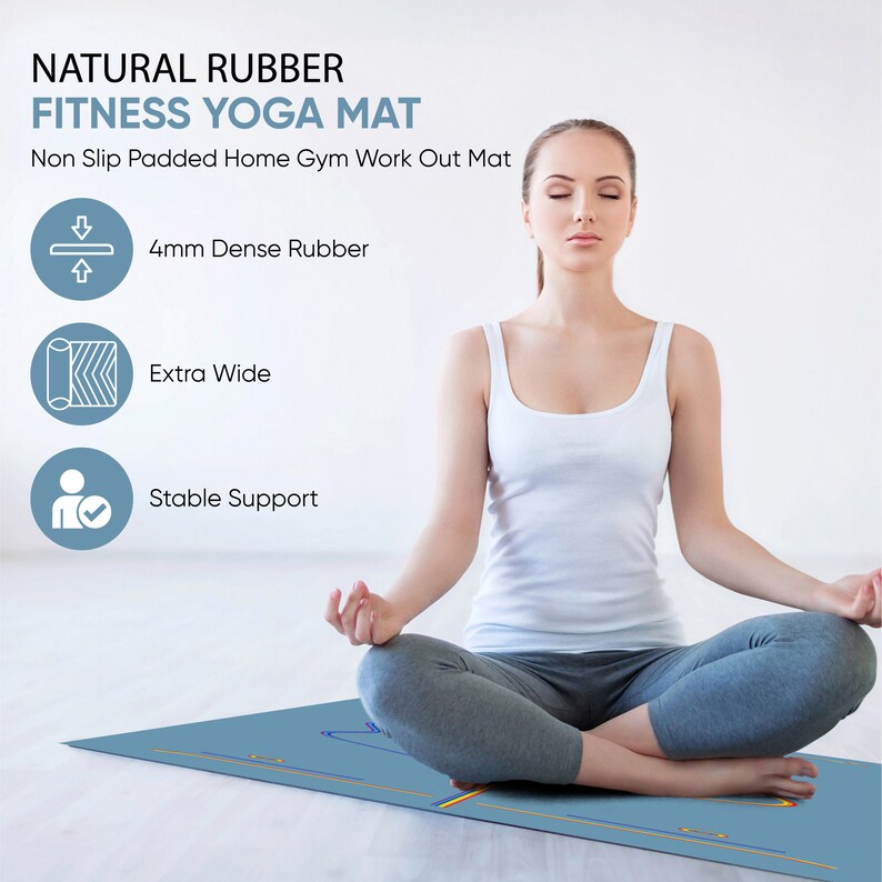 K&ouml;nnte beinhalten: Eine blaue Yogamatte mit einer Person, die in Meditationshaltung darauf sitzt. Die Matte ist 4 mm dick und aus dichtem Gummi. Sie ist extra breit und bietet stabilen Halt.