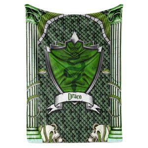 May include: Green and silver tapestry with a snake and shield design. The shield has a green snake with a crown on its head. The tapestry has the word "Draco" written on a banner.
