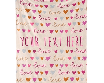 Ships Next Day, Personalized Valentine's Day Pastel Hearts Throw Blanket - Made in USA - Customized Gift - Cozy and Soft for Couch or Bed