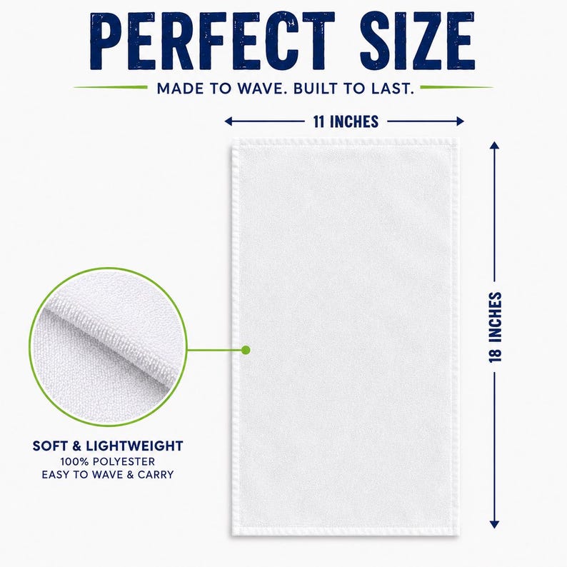 May include: White rectangular towel, 11 inches wide and 18 inches long, with the text "PERFECT SIZE". The towel is made of 100% polyester and is described as soft and lightweight.