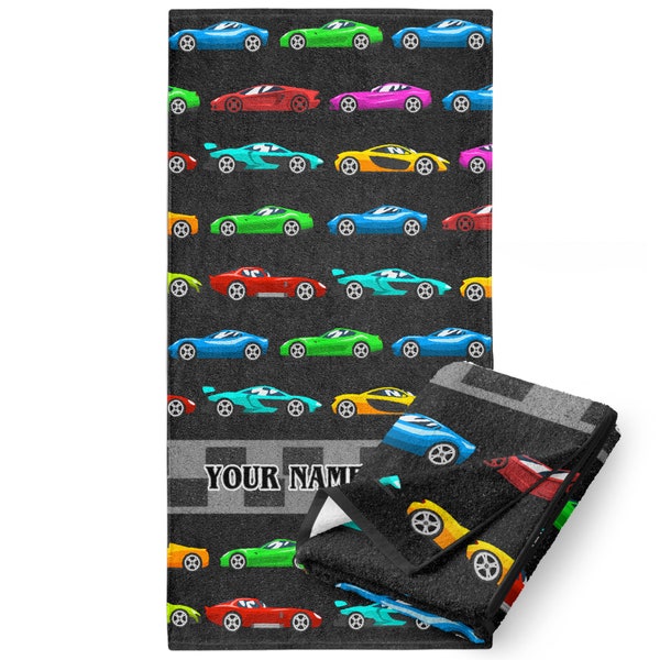 Personalized Microfiber Beach Towel for Kids or Adults with Colorful Race Cars,Checker Flag,Custom Name,Cotton,Microfiber,QuickDry Pool,Bath