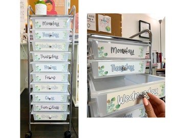 10 Drawer Cart Teacher Organization Labels with Blank Templates | Soft Boho Chic Classroom Decor