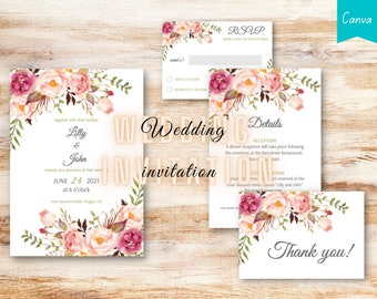 Wedding Floral Invitation Cards | Canva Template