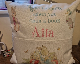 Rabbit Personalised reading cushion cover, pocket cushion cover, any name