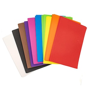 May include: A selection of colourful craft foam sheets in a range of hues, including white, black, brown, purple, pink, green, yellow, orange, and red. The rectangular sheets are arranged in a fanned-out pattern, suitable for craft projects.
