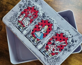 Alice in Wonderland Storage tin with red printed top panel