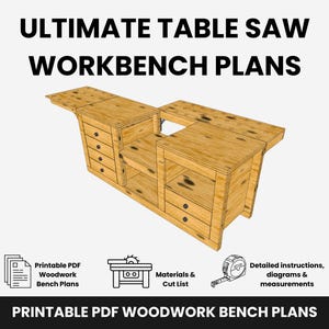 Puede incluir: Ilustración detallada de un banco de trabajo de madera con cajones y un recorte para sierra de mesa. La imagen incluye el texto "ULTIMATE TABLE SAW WORKBENCH PLANS" y "PRINTABLE PDF WOODWORK BENCH PLANS". El diseño es de color marrón claro.