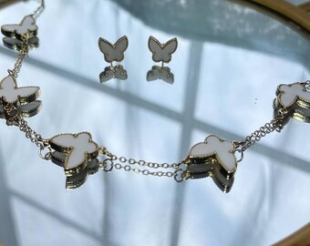 White dainty butterfly necklace and earring set