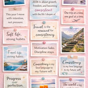 Puede incluir: Un tablero de visión rosa con citas e imágenes motivadoras, como un resort tropical, un ala de avión y manos brindando con bebidas. El texto incluye "Vision 2026", "Consistency" y "Travel is the reward for consistency."