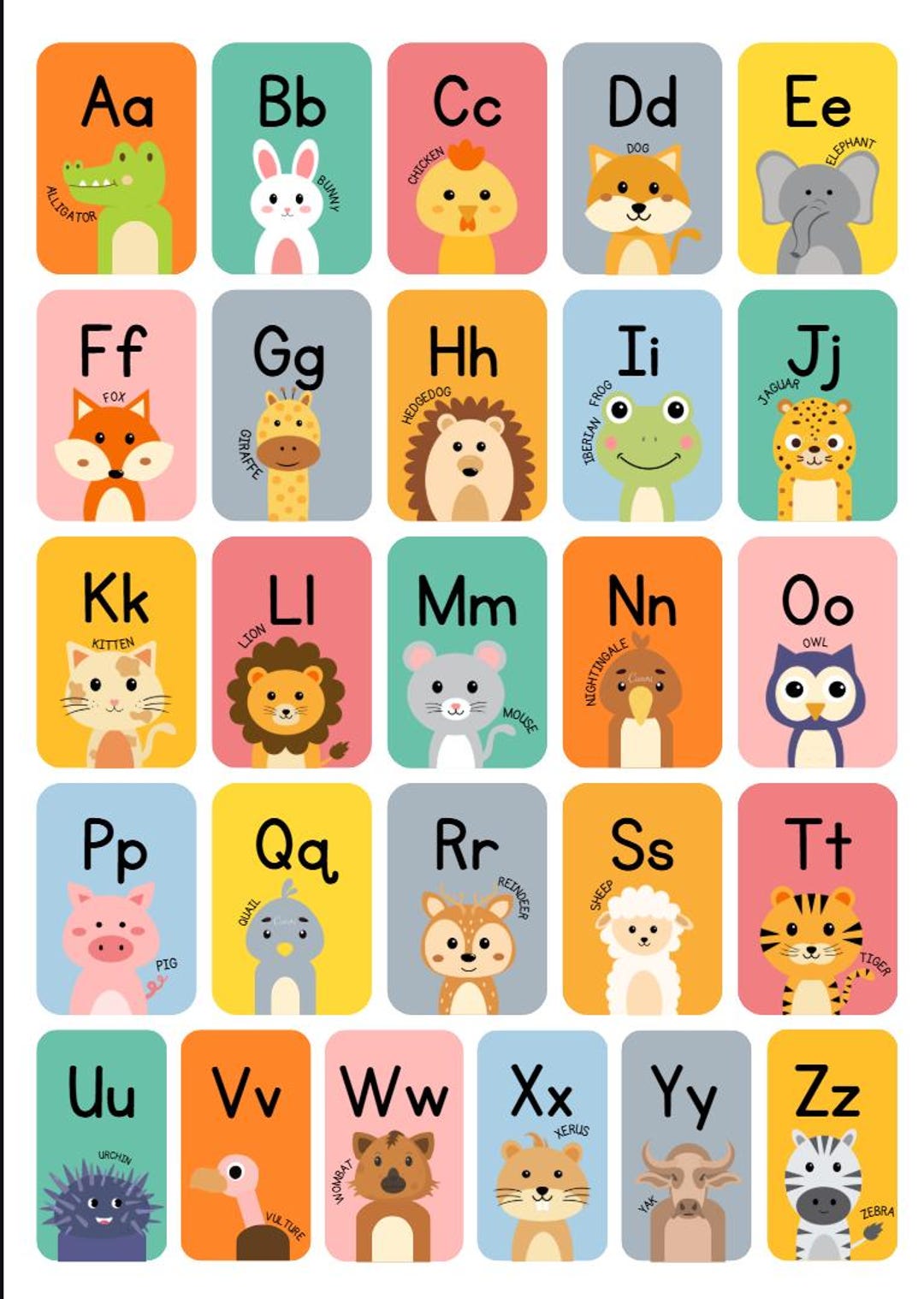 Animal Alphabet Printable Wall Art, ABC Animal Poster, Nursery Decor ...