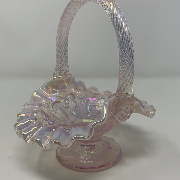 Fenton Carnival Pink Opalescent Strawberry Basket 6" Marked 1970