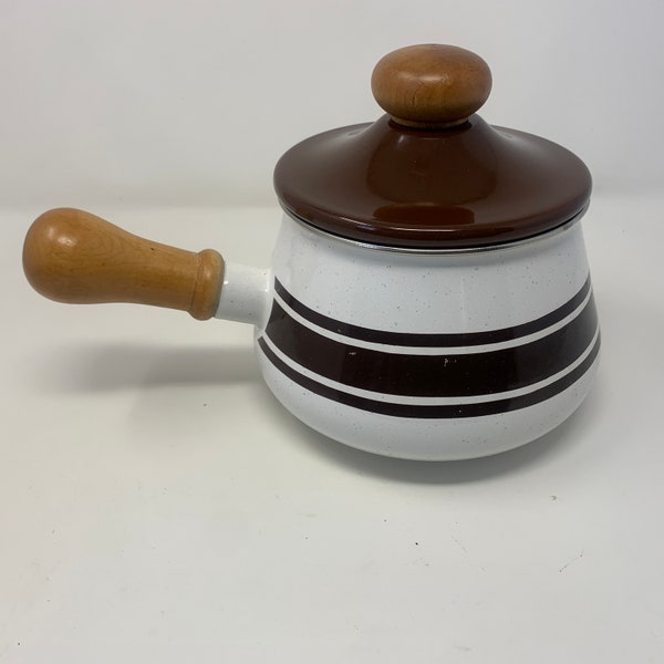 Vintage Japanese Levcoware Enamelled Sauce Pot with Wooden Handle 1970's