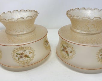 Pair of Vintage Hurricane Lamp Glass Shades with Floral Design and Iridescent Finish