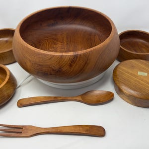 Vintage Teak Salad Bowl Set 1 Large Serving Bowl 4 Small Bowls Made in Thailand Plus  2 Canadian Baribo Made Wooden Spoon and Fork Included