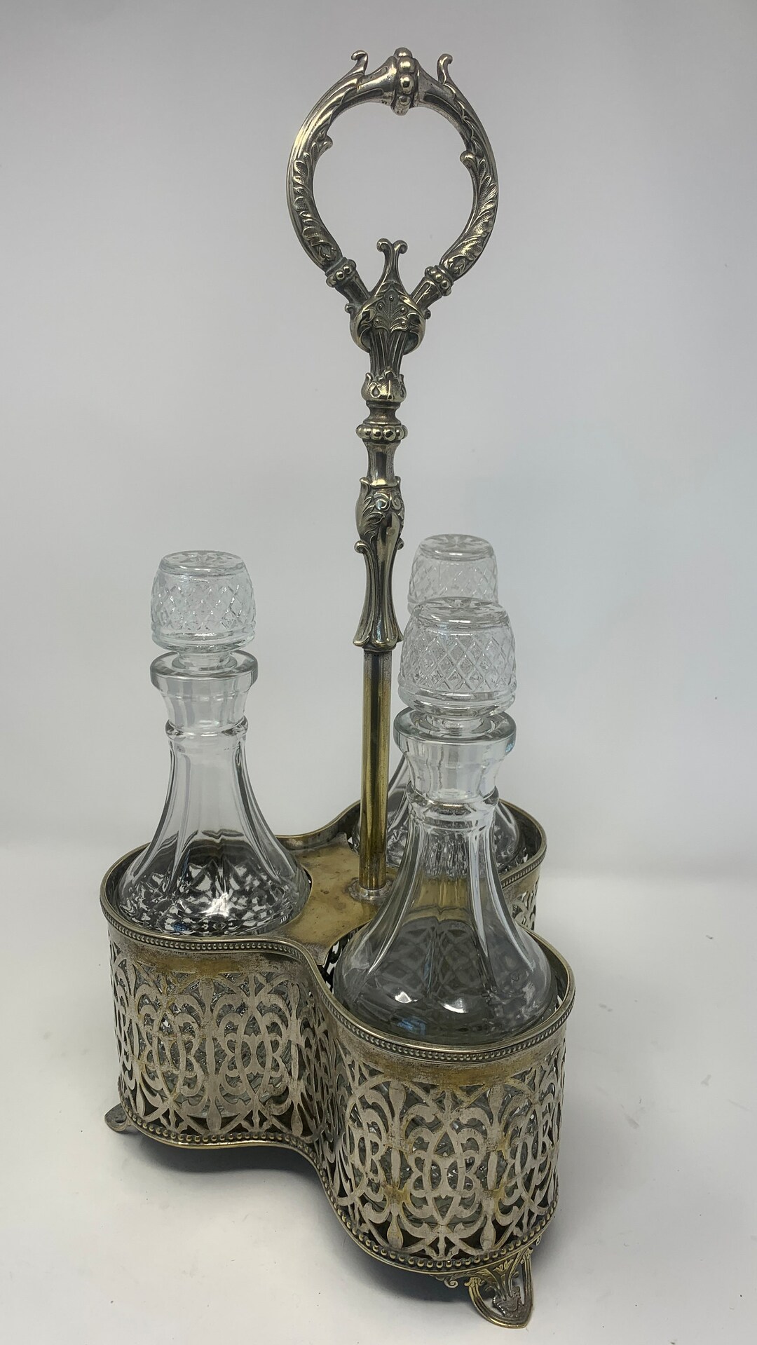 Large Pressed Glass and Brass Cruet Set 1940's Etsy
