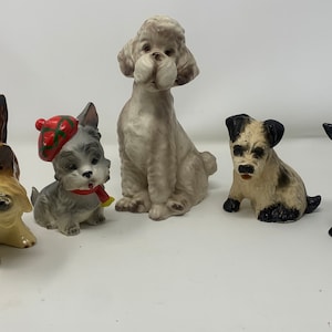 Set of 5 Medium Sized Chalkware/Ceramic  Dogs Japan