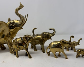 Set of 6  Solid Brass Elephants Trunks Up Good Luck