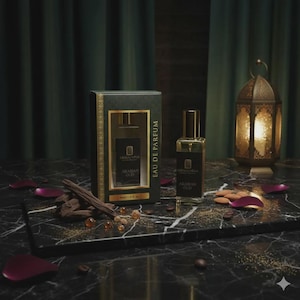 May include: A rectangular dark green box labeled Arabian Oud Eau de Parfum next to a matching glass perfume bottle with a gold cap. The set is displayed with scattered wood pieces, small amber resin beads, and purple flower petals.