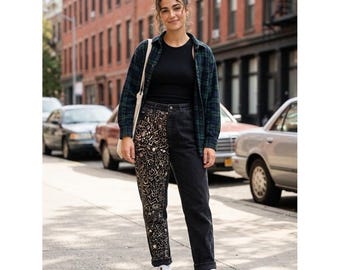 Lee Custom Doodle Art Mom Jeans Women 18P Black Excellent High Waist Tapered USA