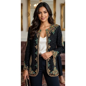 Jewel Queen Beadedvintage Silk Jacket Womens Medium Black Gold Evening Blazer