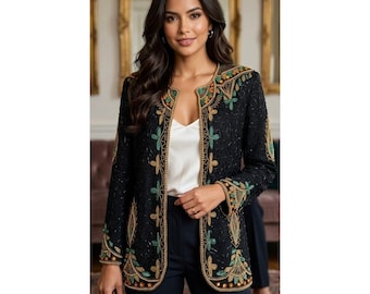 Jewel Queen Beadedvintage Silk Jacket Womens Medium Black Gold Evening Blazer