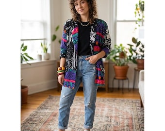 Faith Vintage Oversized Blazer Womens Large Multicolor Sequin Beaded 80s Style