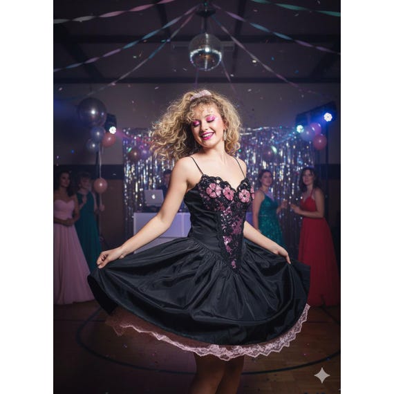 Loralie vintage retro 80s Black satin Pink Floral Lace Prom Dress Party Occasion Loralie vintage retro 80s Black satin Pink Floral Lace Prom Dress Party Occasion