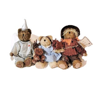 Puede incluir: Tres osos de peluche vestidos como personajes de El Mago de Oz. Un oso viste un atuendo plateado y un sombrero puntiagudo. Otro oso lleva un vestido de cuadros azules y el tercer oso está vestido de espantapájaros.