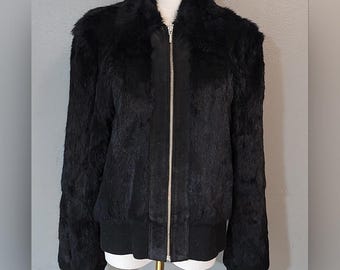 Vintage Y2K Mixit Women Size L Genuine Black Rabbit Fur Leather Jacket Coat