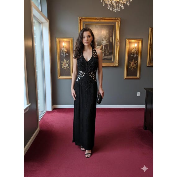 scala black beaded dress Vintage 90s Scala Black Beaded Silk Backless Mini Dress