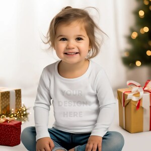 Long Sleeve T-shirt Mock-Up, White Rabbit Skins 3302,  Winter, Christmas, Holiday Print On Demand Mock Up, Cute Toddler Girl, Subliminiation