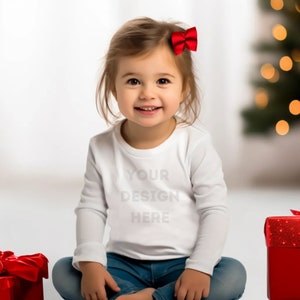 Christmas Themed Long Sleeve T-shirt Mock-Up, White Rabbit Skins 3302,  Holiday Print On Demand Mock Up, Cute Toddler Girl, Subliminiation