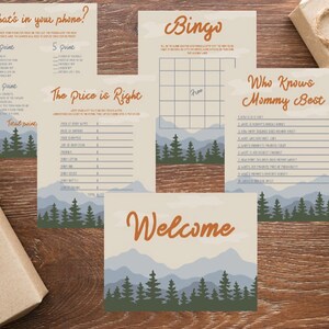 4 jeux de fête prénatale imprimables super simples et amusants et carte de bienvenue - Parfait pour une fête prénatale sur le thème de la forêt, de la montagne, des bois et de la nature